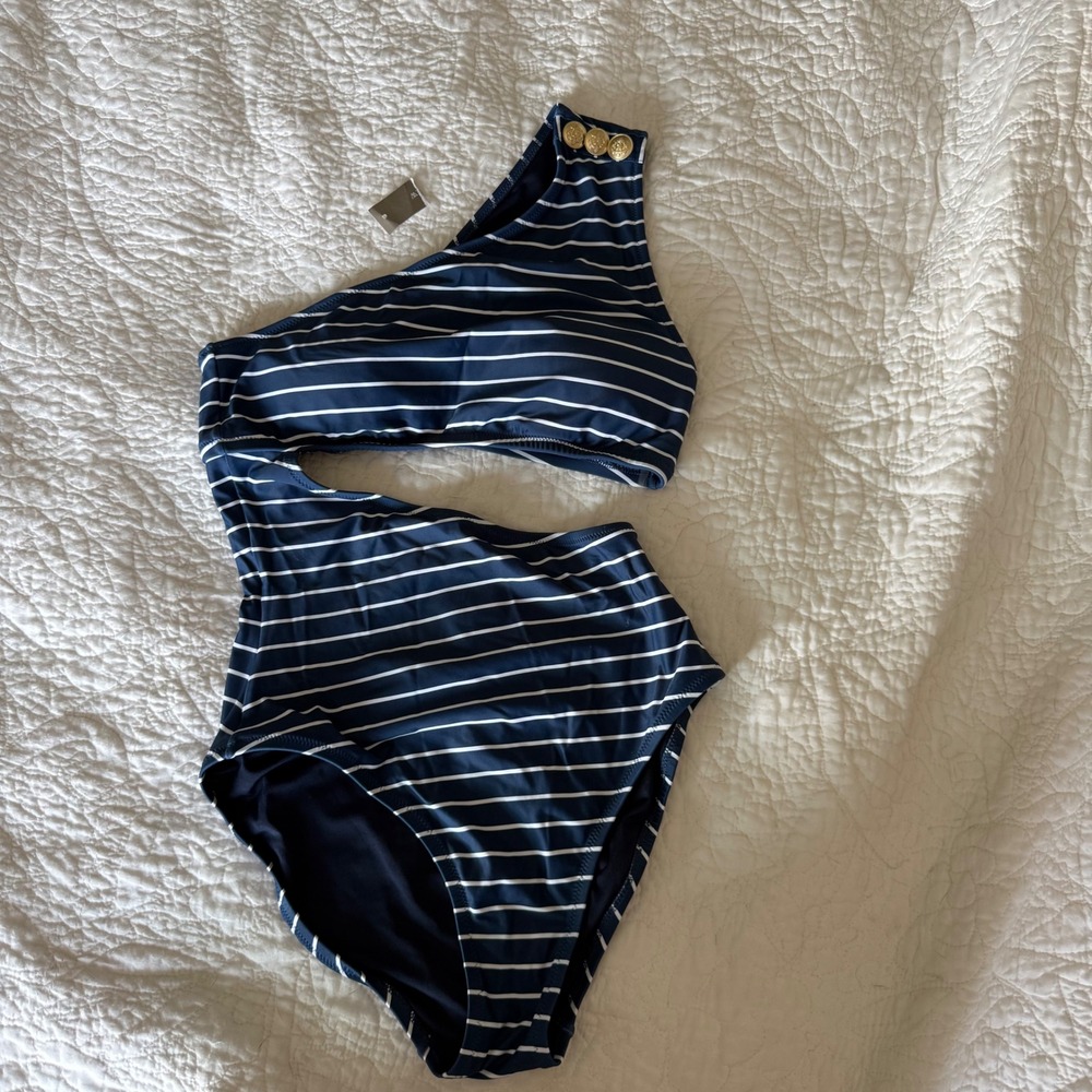 NWT J.Crew Re-Imagined One Shoulder Cutout Stripe Swimsuit Gold Buttons Sz 8 - Picture 2 of 8